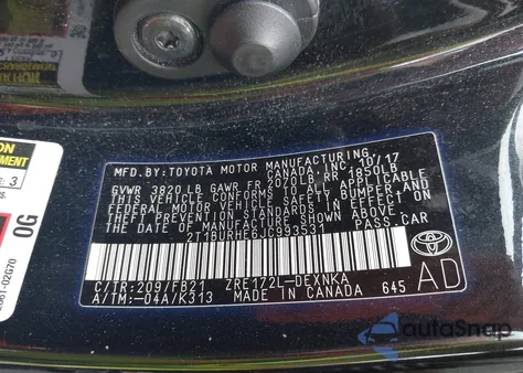 2018 Toyota Corolla Le из США, поврежденный, VIN 2T1BURHE6JC993531